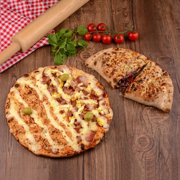 COMBO PIZZA SABORES ESPECIAIS (12 fatias) + Borda + Calzone ou Baby Doce